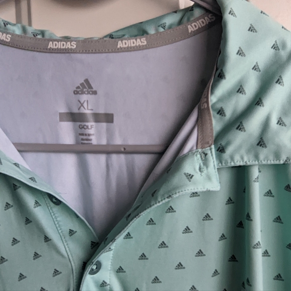 Adidas Men's Golf Polo Shirt Multi Logo Print Mint Green Soft Stretch XL Long - Picture 2 of 3